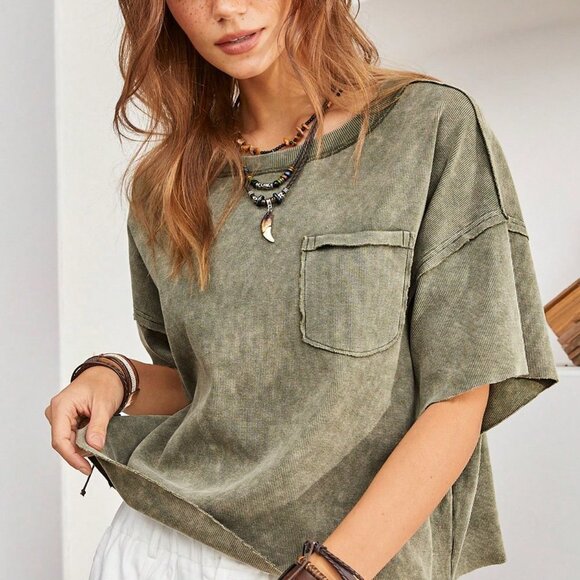 Green Boho Womens Stitching Detail Drop Shoulder T-Shirt - Picture 5 of 5